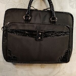 Elegant Black Laptop Bag with Glossy Croc Accents
